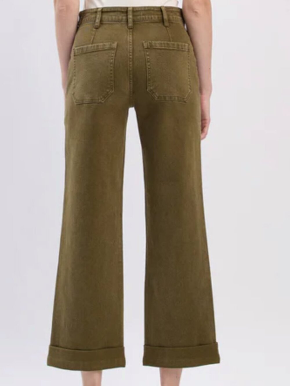 Flying Monkey DARK OLIVE High Rise Tab Waistband Cuffed Slim Wide Leg Jeans
